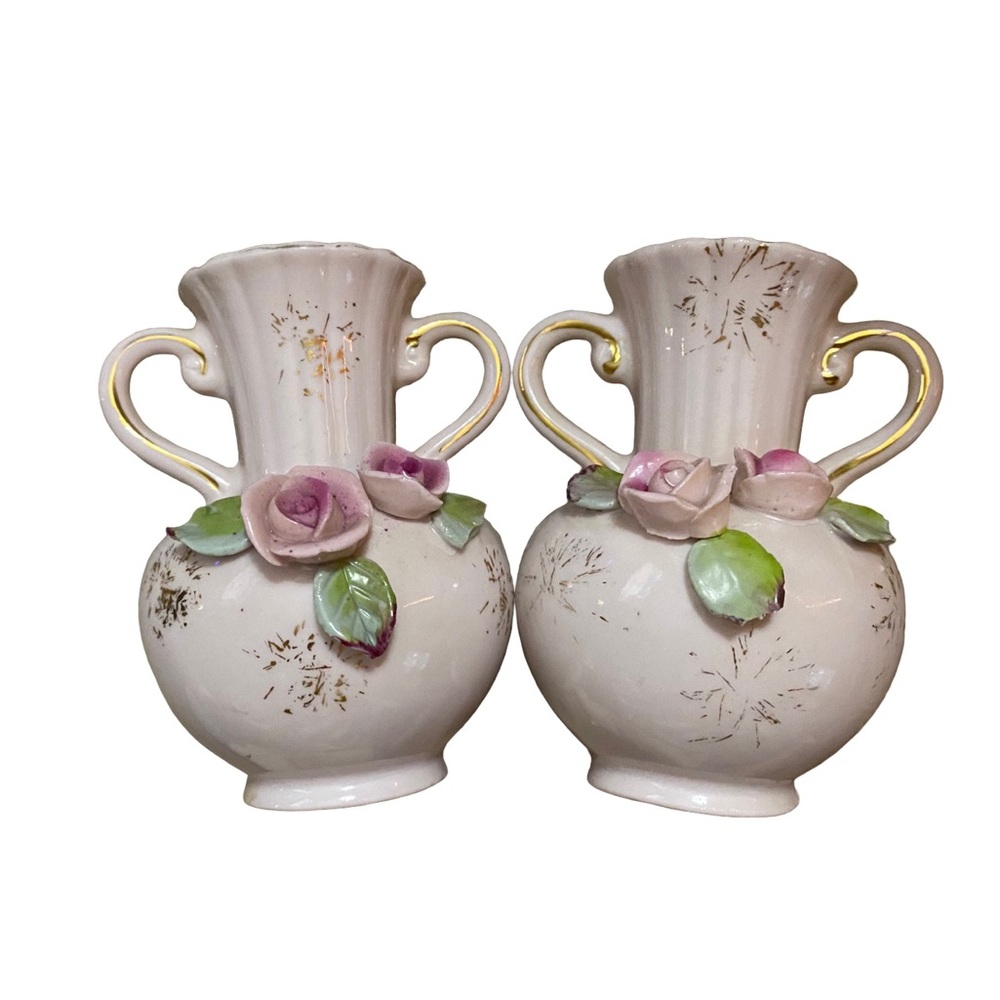 Vintage Two Handled Mini Bud Vase Painted Bisque with Pink Roses Set Of 2